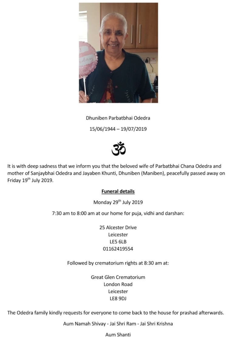 Dhuniben Parbatbhai Odedra passed away
