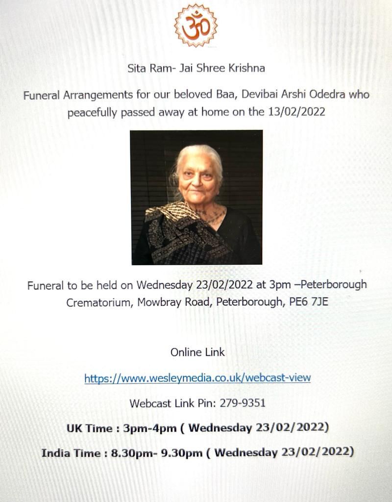 Devibai Arshi Odedra funeral details