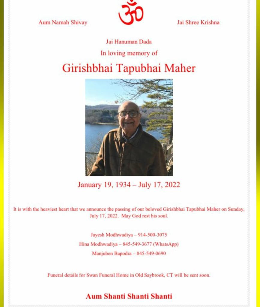 Girishbhai Tapubhai Maher passed away
