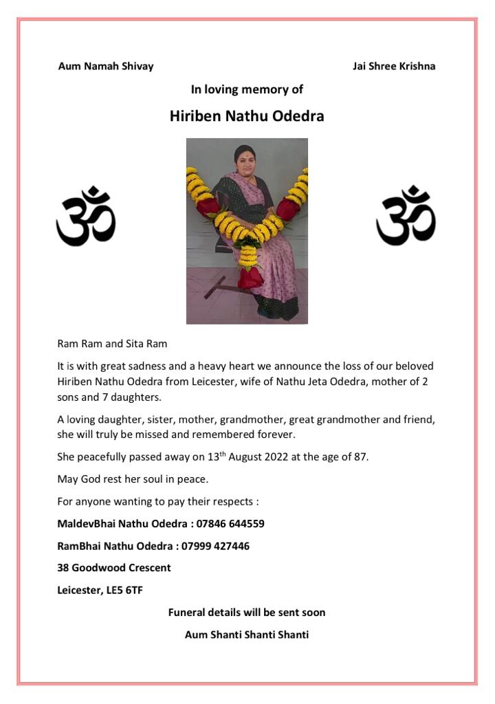 Hiriben Nathu Odedra passed away