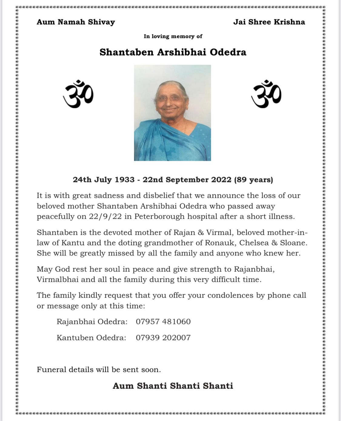 Shantaben Arshibhai Odedra passed away