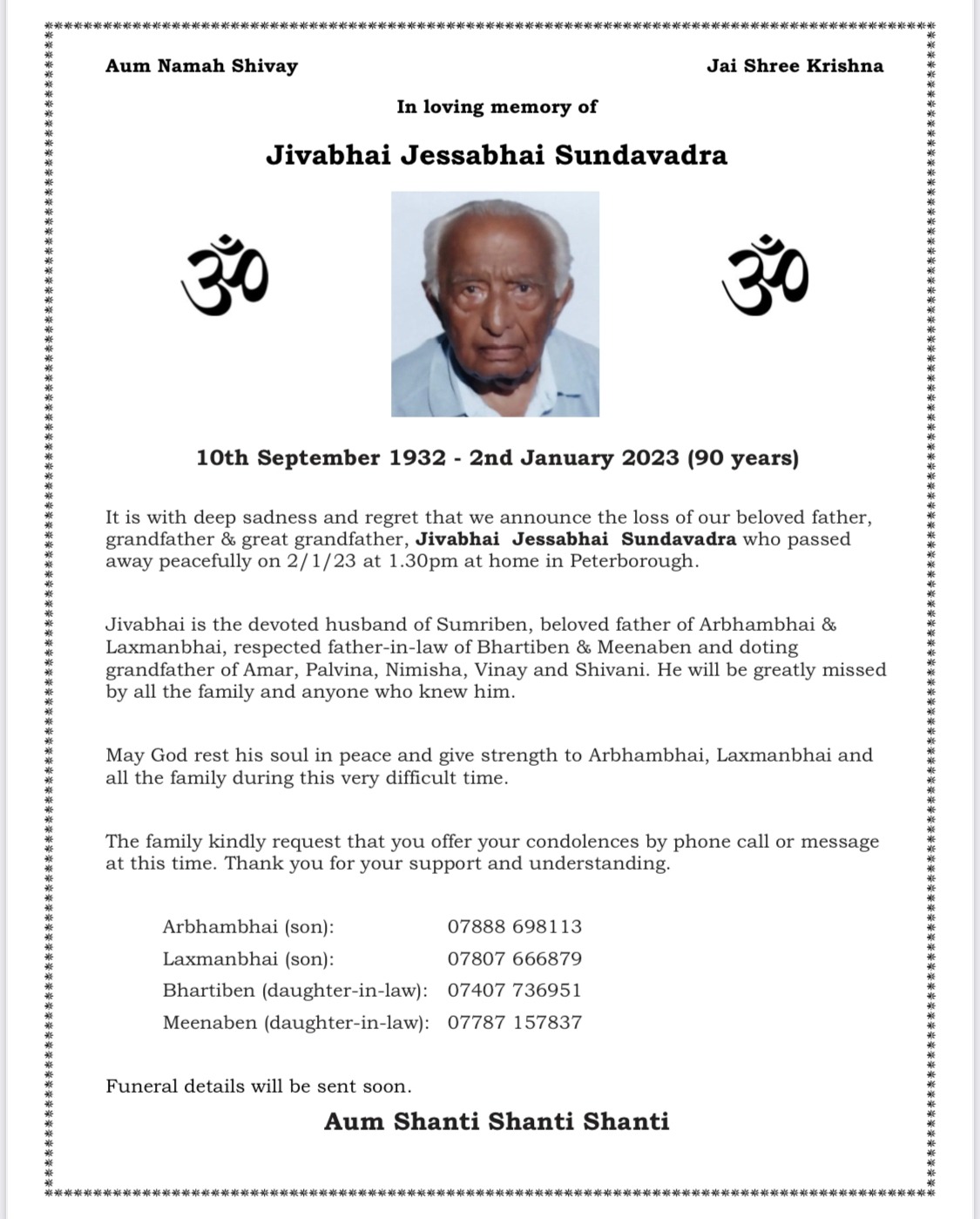 Jivabhai Jessabhai Sundavadra passed away