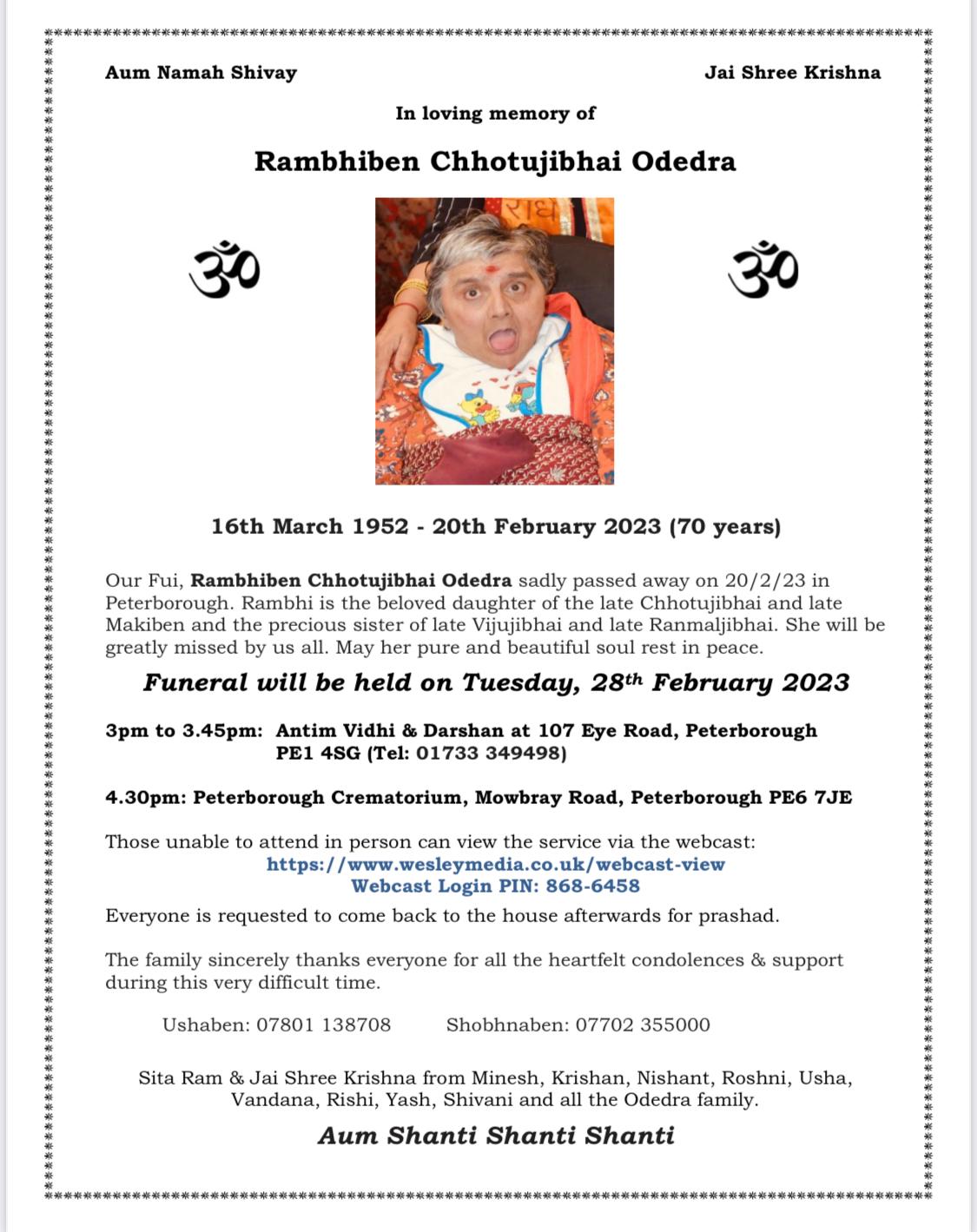 Rambhiben Chhotujibhai Odedra Paased away