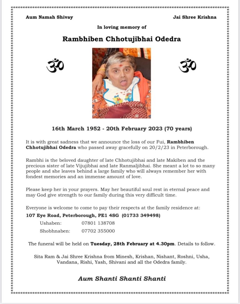 Rambhiben Chhotujibhai Odedra passed away
