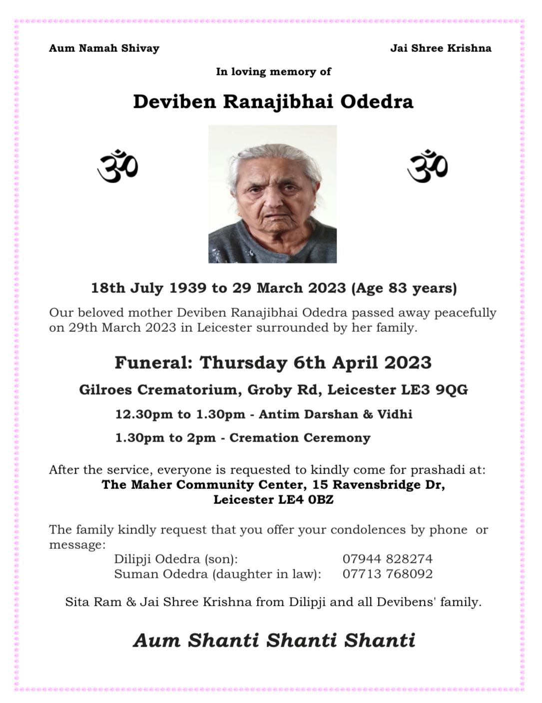 Deviben Ranajibhai Odedra Passed away
