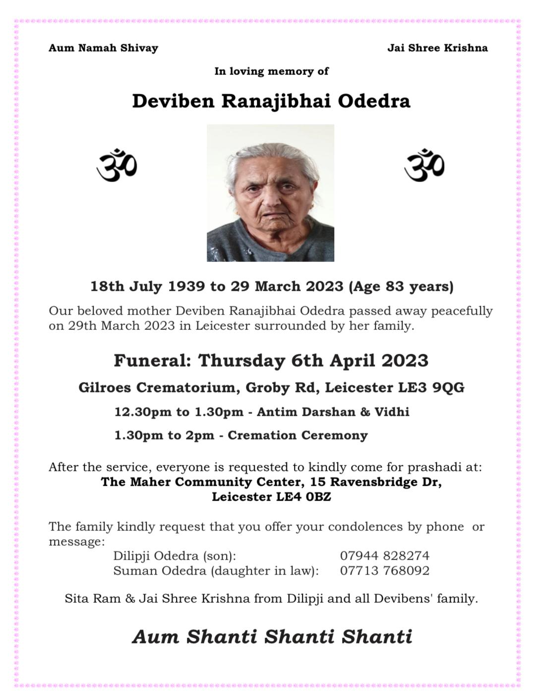 Deviben Ranajibhai Odedra Passed away