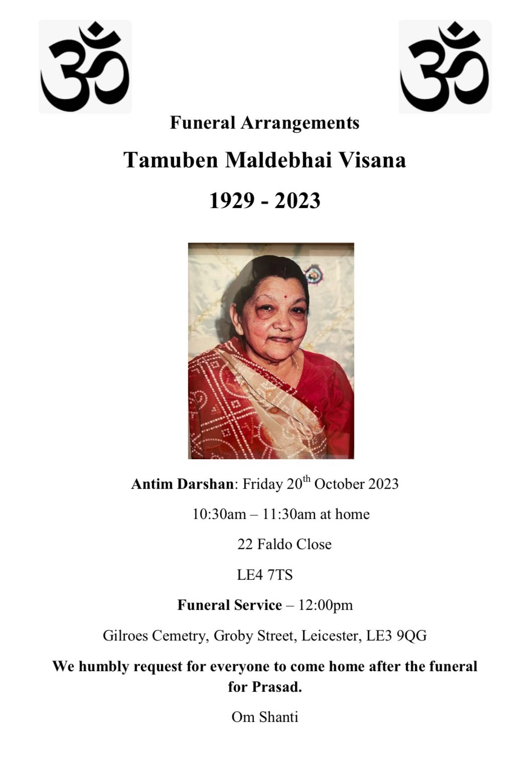 Tamuben Maldebhai Visana passed away