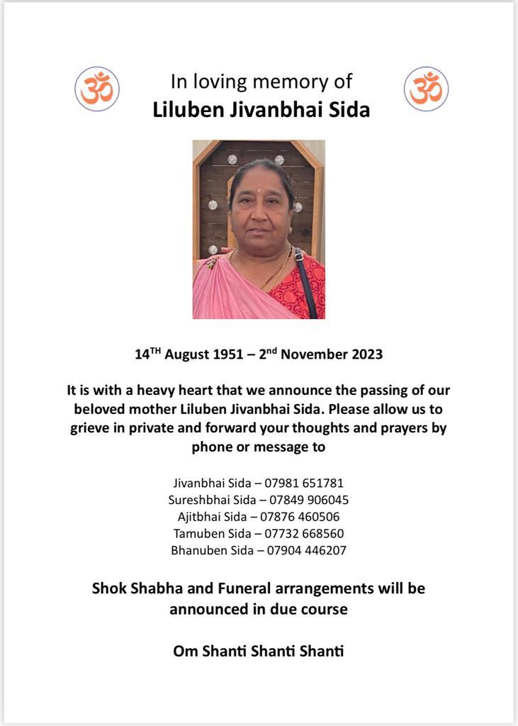 Liluben Jivanbhai Sida passed away