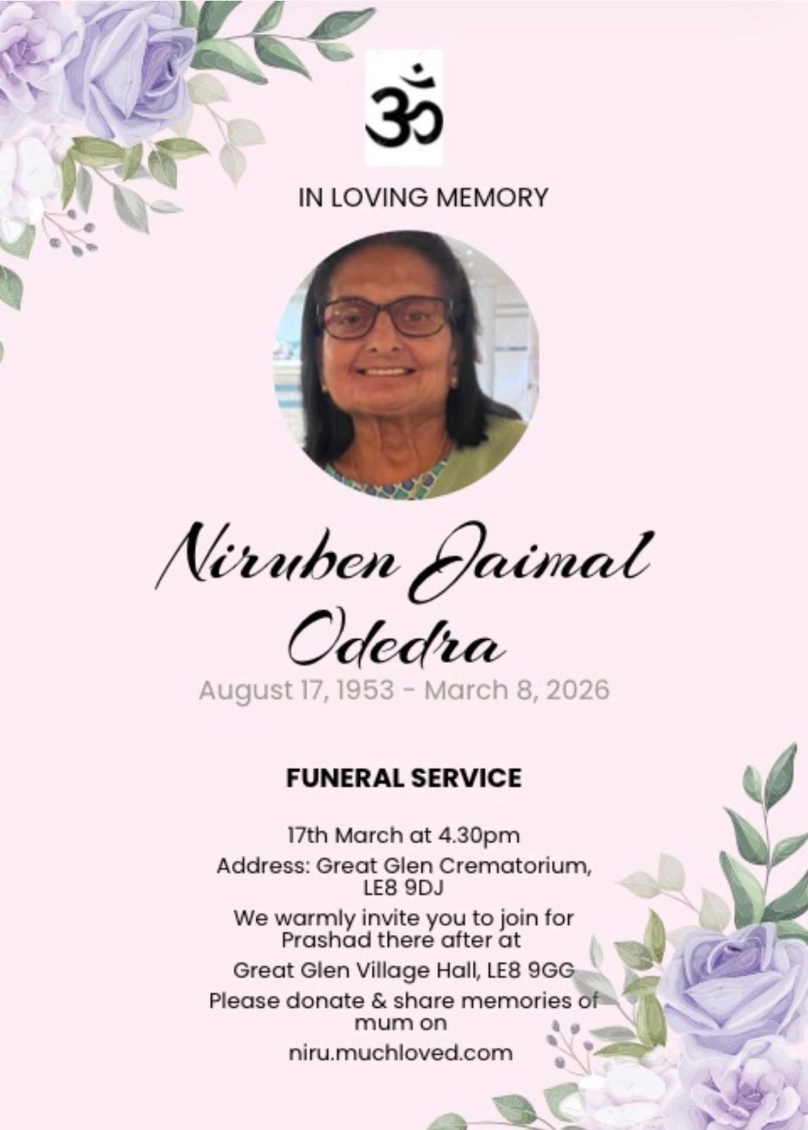 Niruben Jaimalbhai Odedra passed away