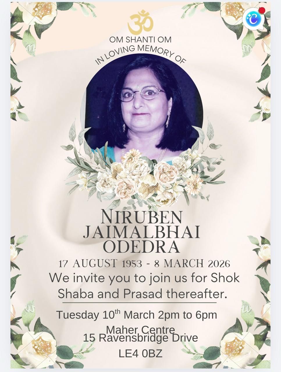 Niruben Jaimalbhai Odedra passed away