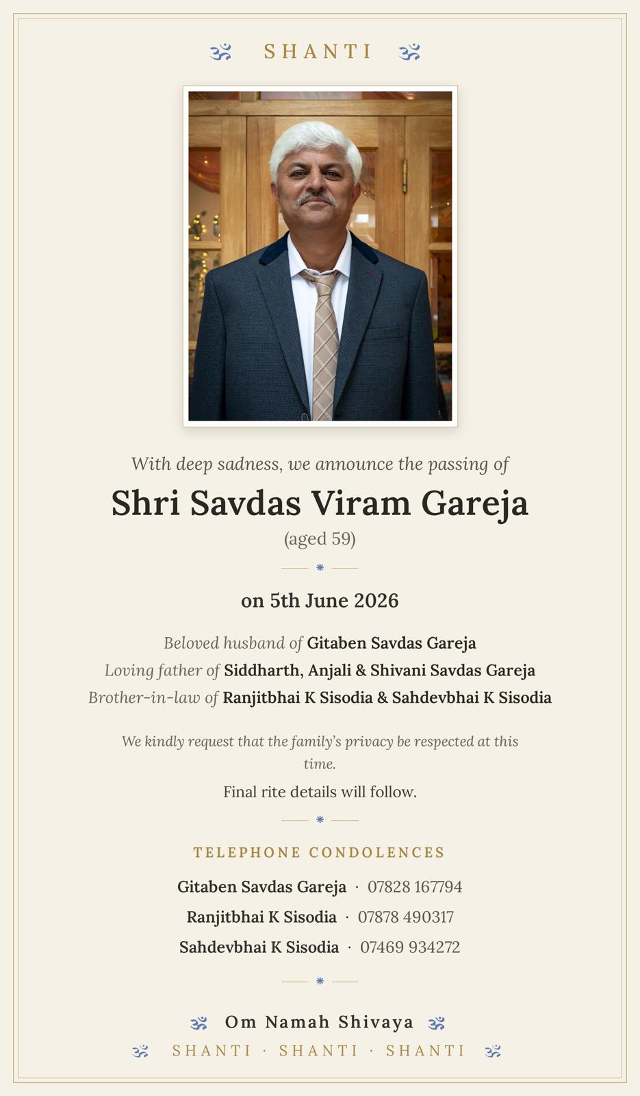 Savda Viram Gareja passed away